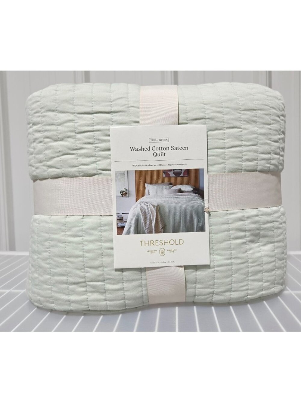 Queen Cotton Sateen Quilt Threshold Light Sage Green 88" x 92" Midweight Fabric
